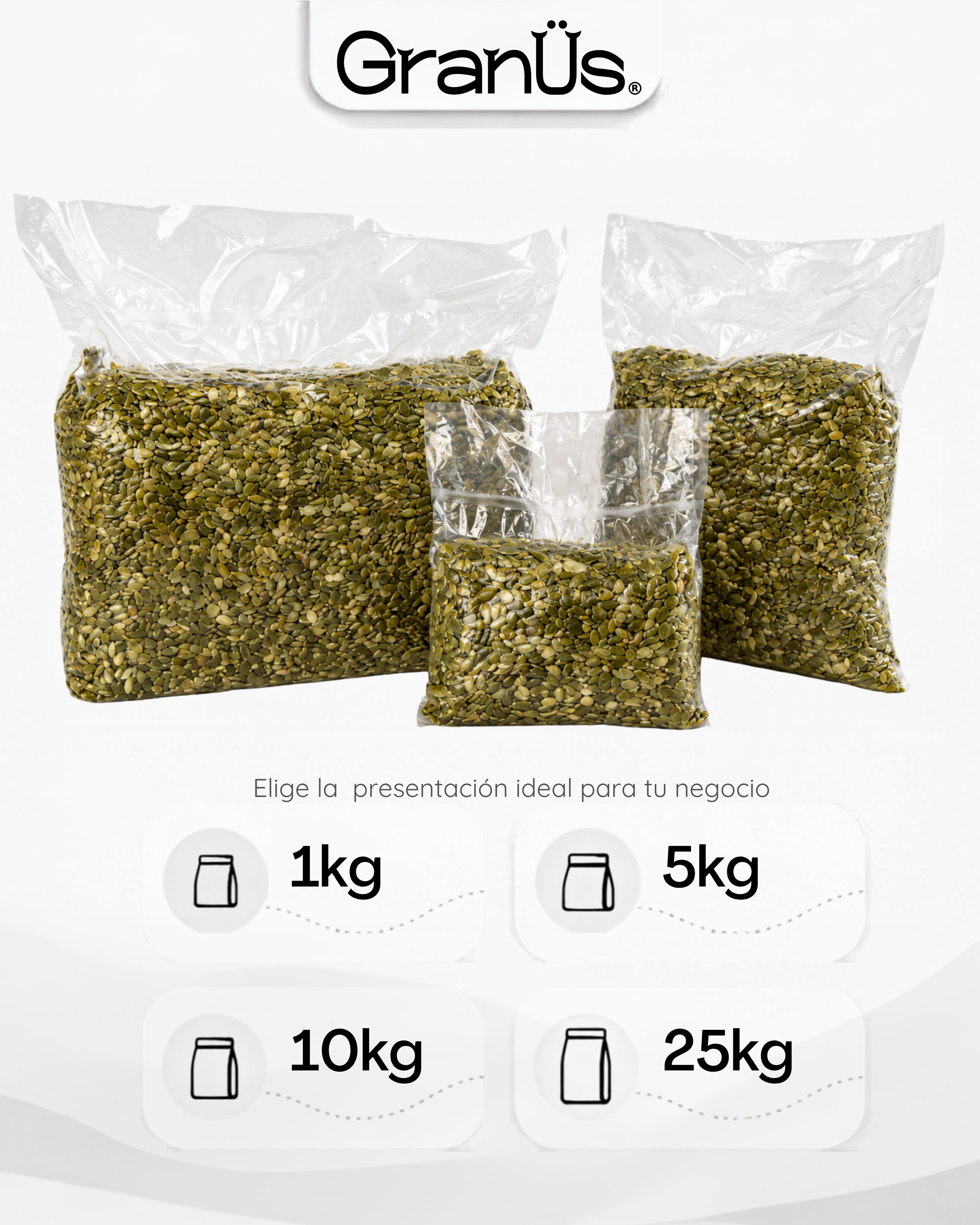 Presentaciones de pepitoria de 1, 5, 10 y 25 kilogramos